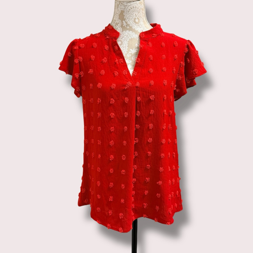 Red Swiss Dot Textured Blouse Flutter Sleeve V-Neck Women’s Medium